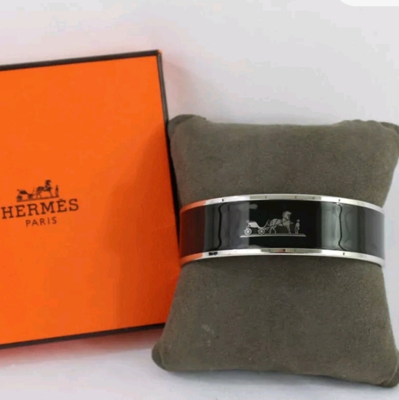Hermes Black Enamel Palladium Plated Caleche Wide Bangle Size 65 / S / Gorgeous - Picture 3 of 5